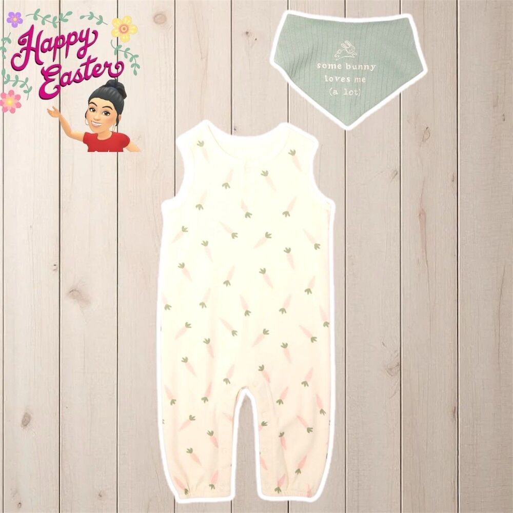 Way to Celebrate Unisex Cream Color Easter Romper & Bandana 2pc Outfit Size 24M